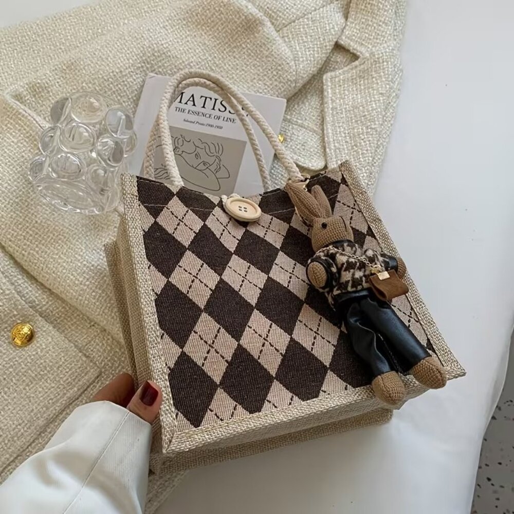 ❤️Adorable Cute Linen Small Tote Bag w/ Bunny Charm Great Easter Gift Bag - Picture 3 of 6